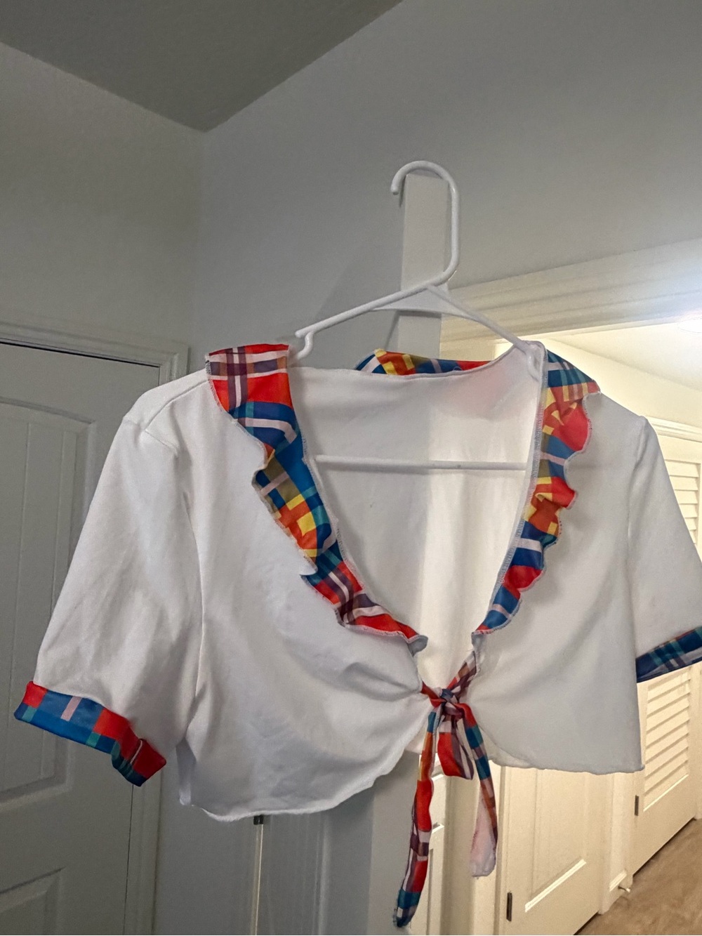White Crop Tie-Front Top with Multicolor Plaid Trim